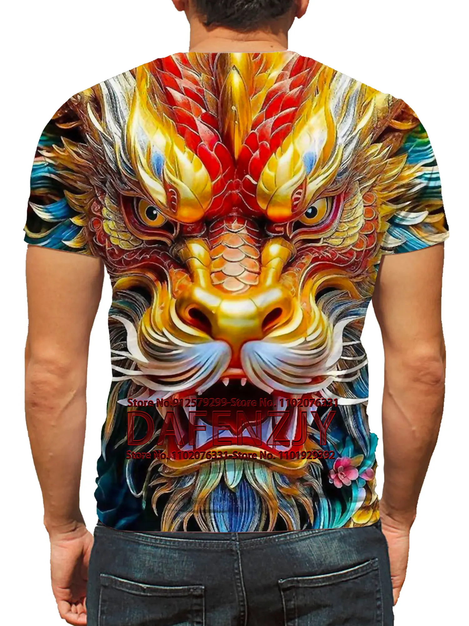 Men\'s Summer T-shirt Loose Vintage Fitting Vintage Fashion Animal Dragon Print Short Sleeve 3D O-Neck T-shirt