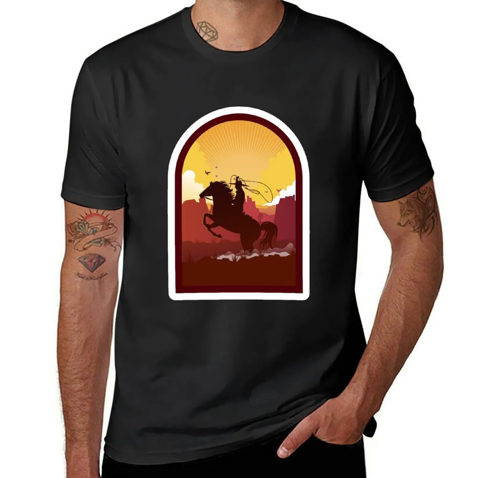 

Wild West Wanderer: Cowboy Riding into the Sunset - Western Cowboy Art T-Shirt tees customizeds Short sleeve tee men