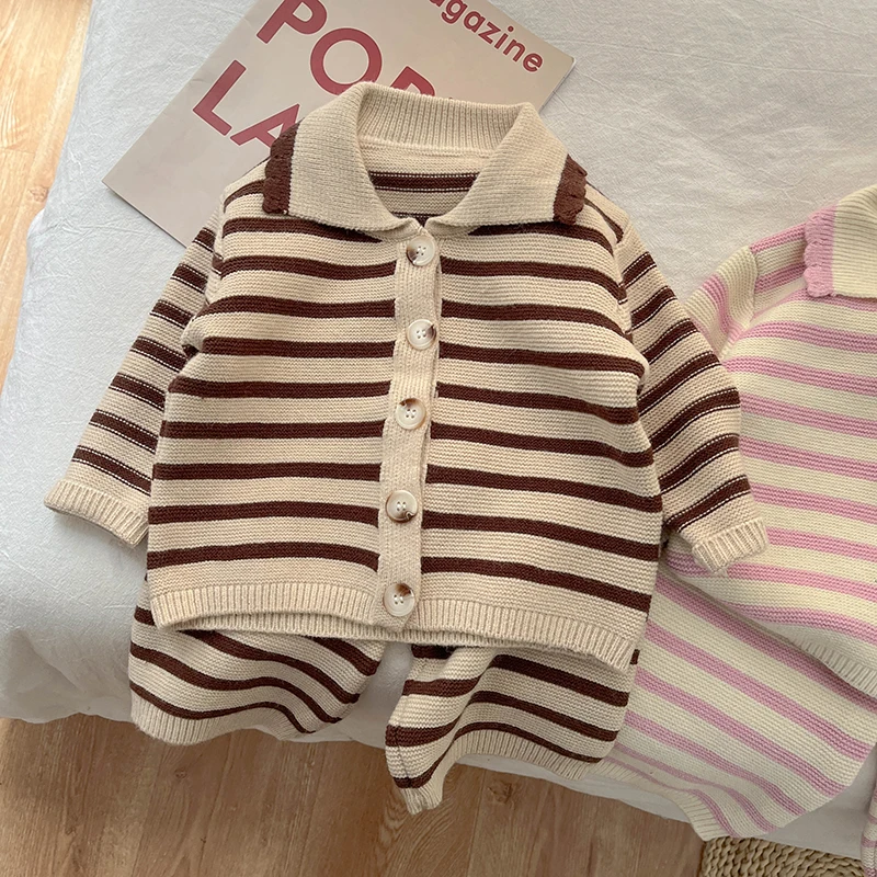 Spring And Autumn Baby Striped Shirt Pants Two Piece Boys And Girls Fashion Knitted Children\'s Leisure Suit Soft Baby Clothes