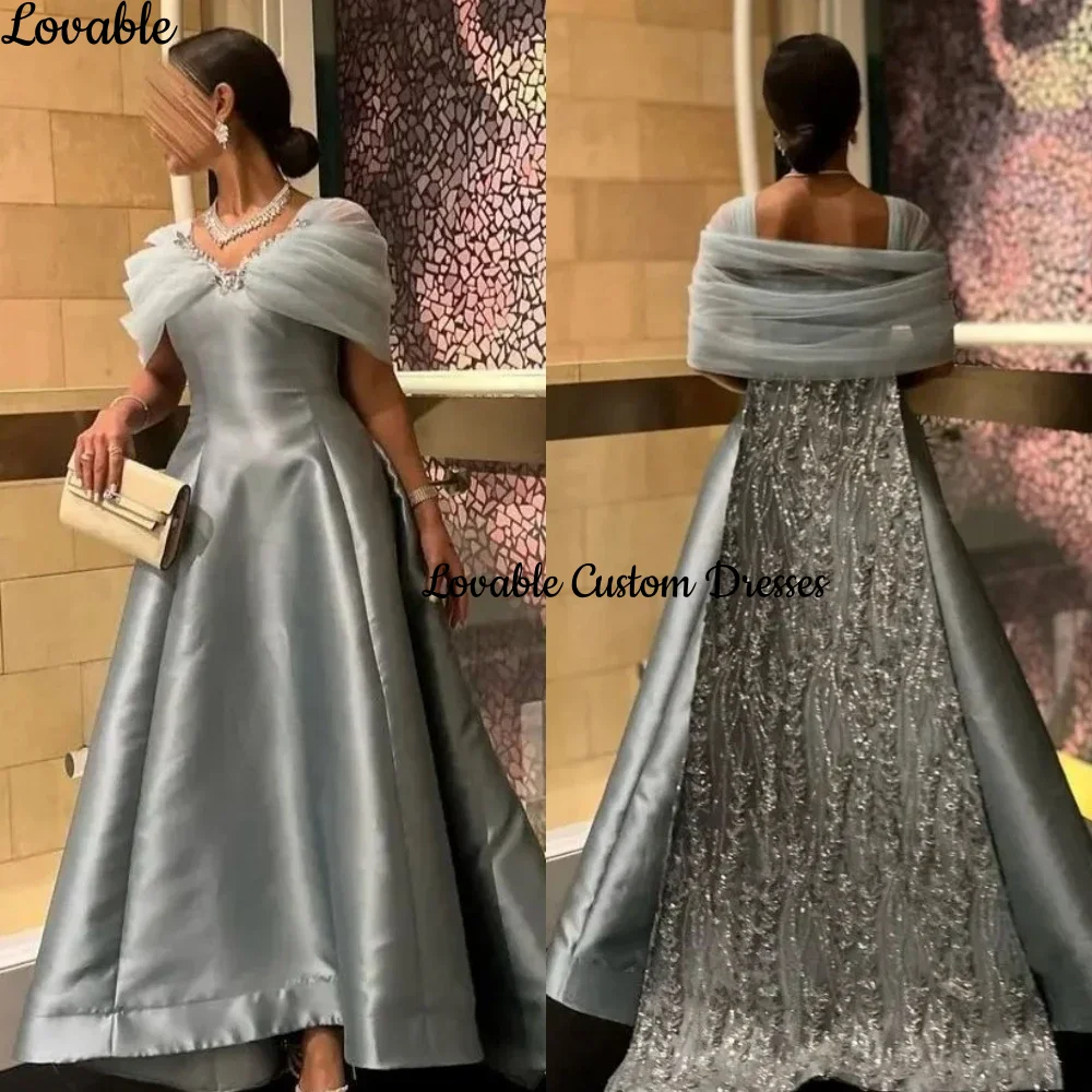 Customized فساتين سهرة A-Line Off-The-Shoulder Neckline Floor-Length Luxury Evening Dresses Zipper Up Short Sleeves Formal