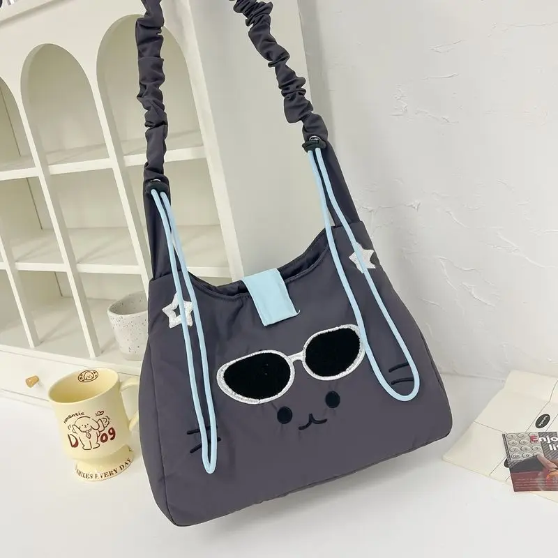 Blue Star Cute Cartoon Cat Face Sunglasses Adjustable Kawaii Ruched Strap Crossbody Shoulder Bag Nylon Tote For Girls Students