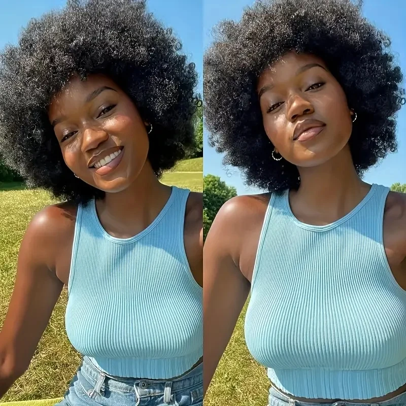 아프로 퍼프 곱슬머리 가발 여성용 인모 기계 제작