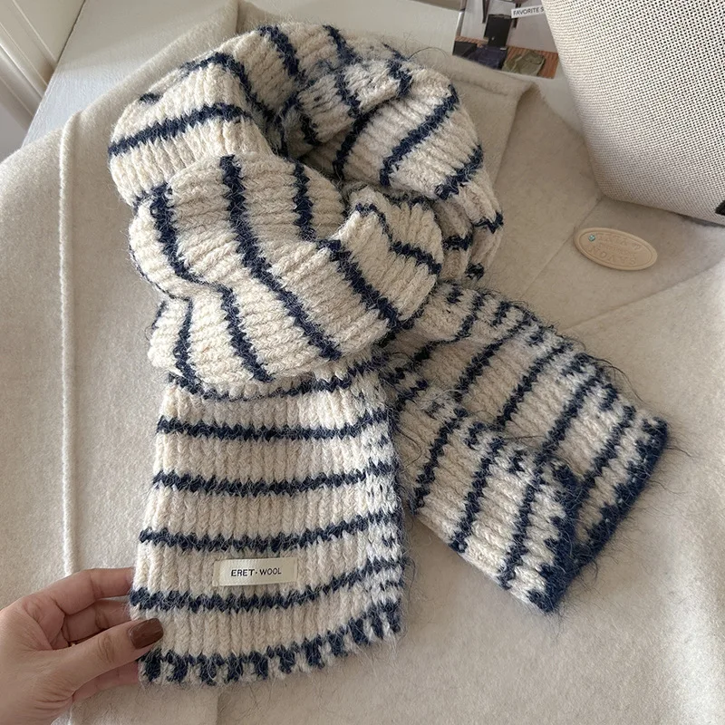 

Korean-style Wool Knitted Scarf for Women Fashionable Striped Winter Thickened Neck Warmer Casual Versatile Couple's Wool Scarf