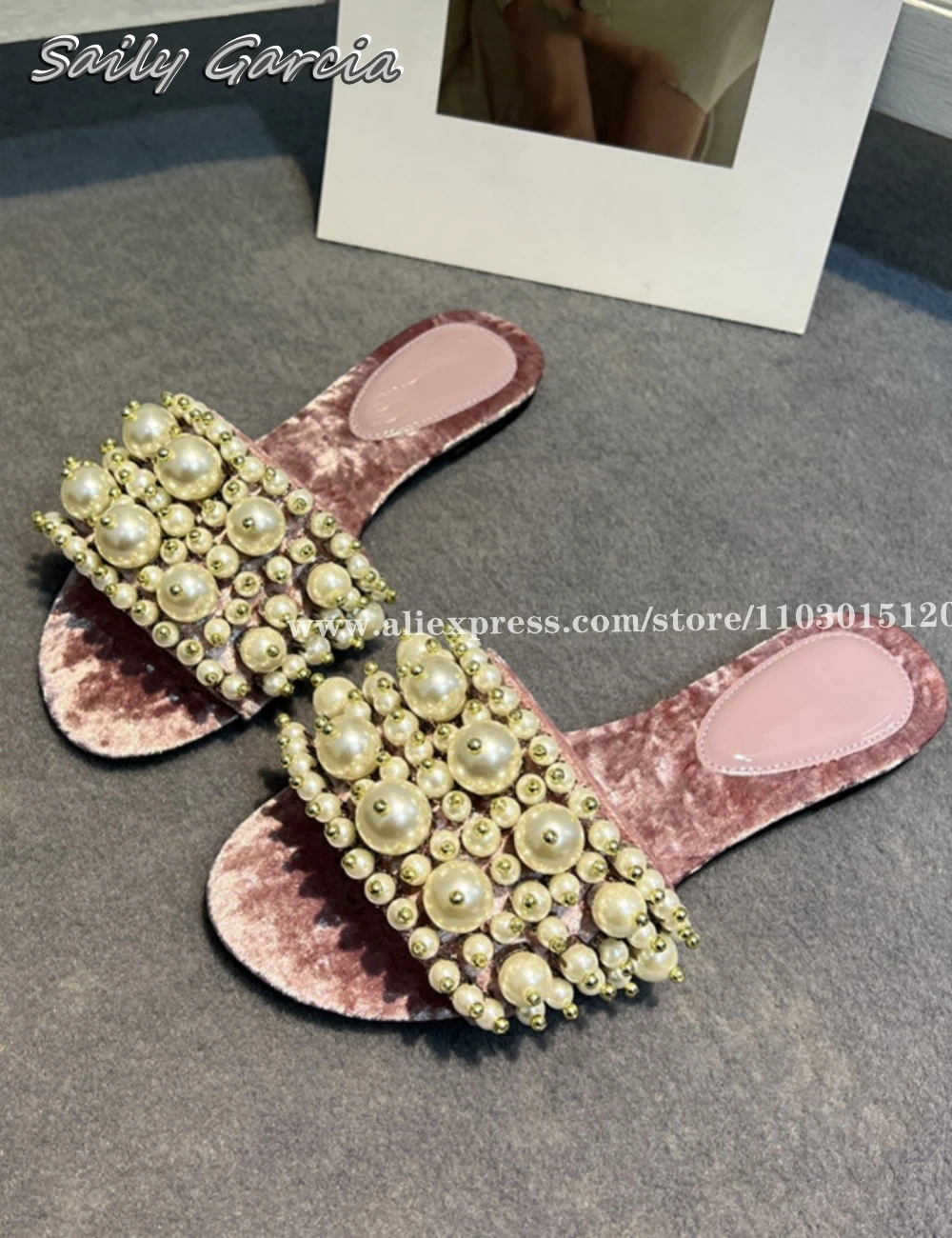 Mixed Color Pearl Beads Gold Velvet Shallow Slippers 2024 Summer New Fashion Outdoor Slides Open Toe One Word Belt Casual Shoes