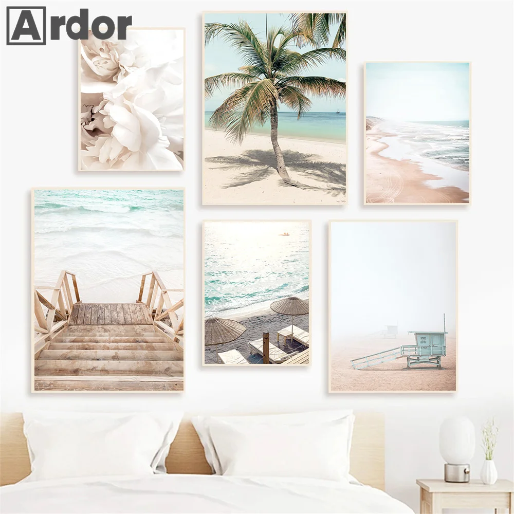 Beach Sea Waves Posters Reed Coconut Tree Landscape Canvas Painting Nordic Wall Art Print Nature Pictures Living Room Home Decor