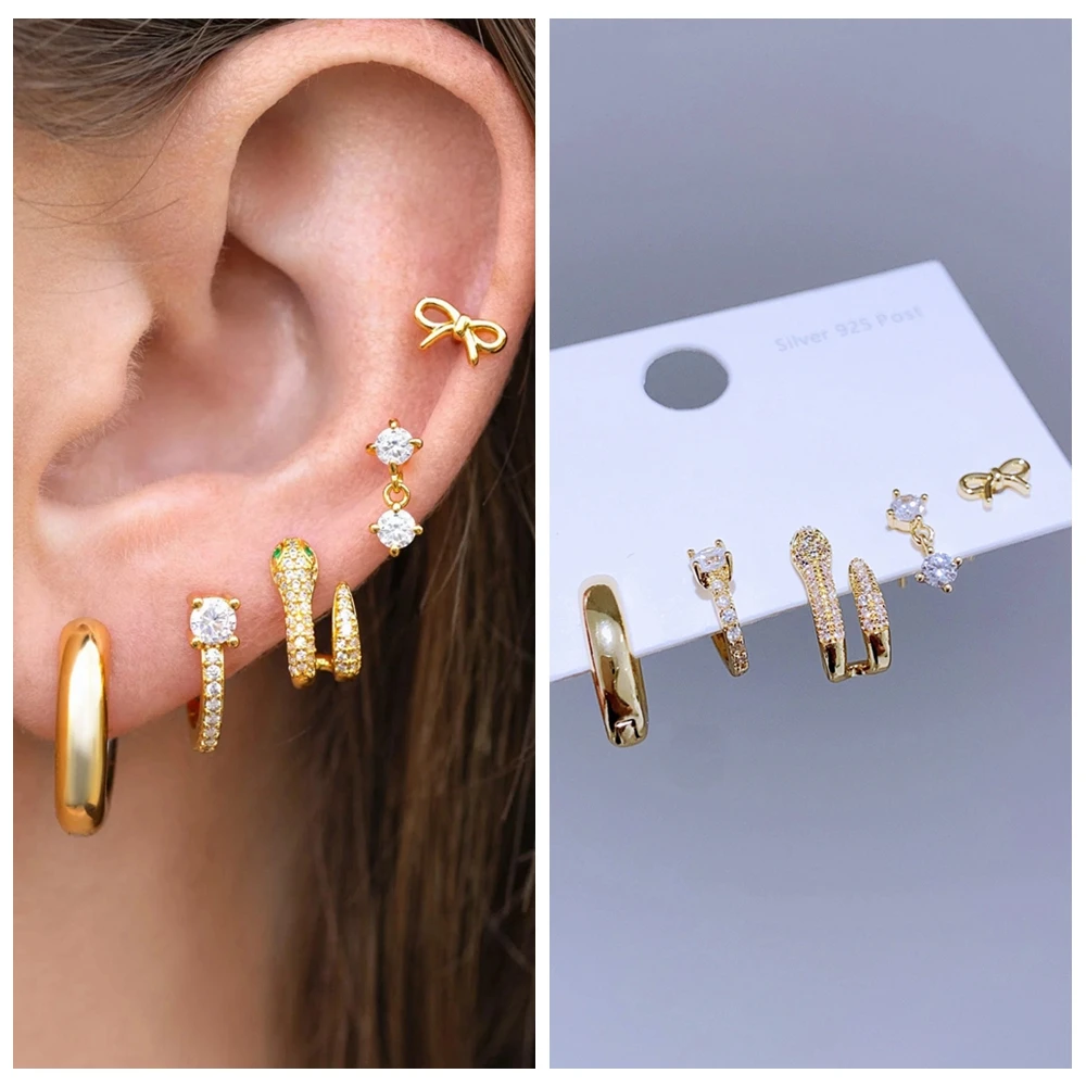 5pcs/set Mixed Design CZ Crystal Snake Huggie Stud Earrings Gold Plated Cubic Zirconia Women Jewelry