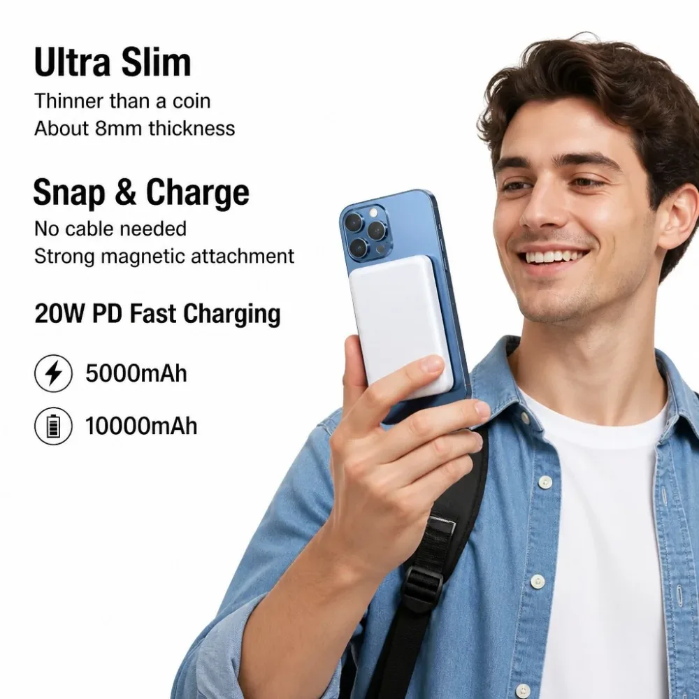 10000mAh Ultra Slim Magnetic Power Bank 20W PD Wireless Fast Charging Mini Pocket Travel Battery Pack for iPhone Samsung