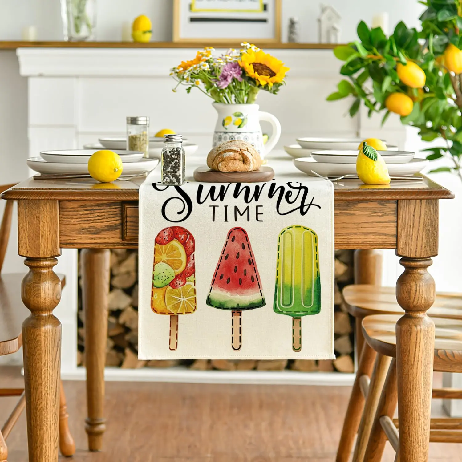 Ice Cream Watermelon Happy Summer Table Runner, Seasonal Holiday Kitchen Dining Table Decoration for Home Party Indoor