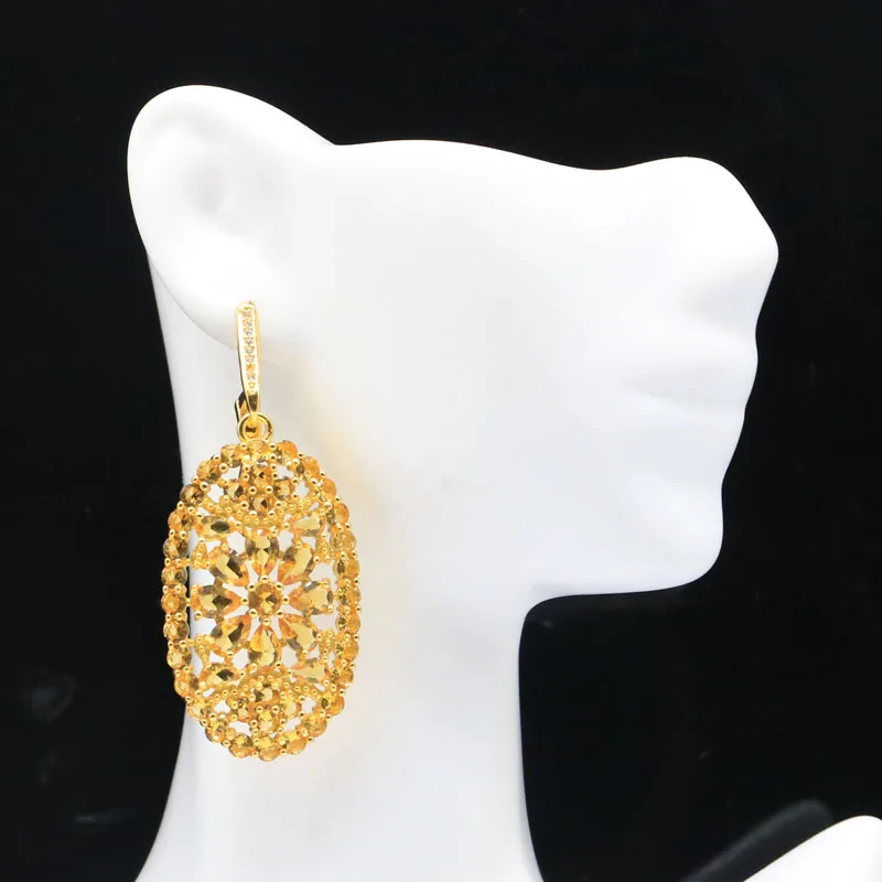 

55x24 мм потрясающие 15,2 г золотой цитрин CZ женские свадебные серьги золотого и серебряного цвета