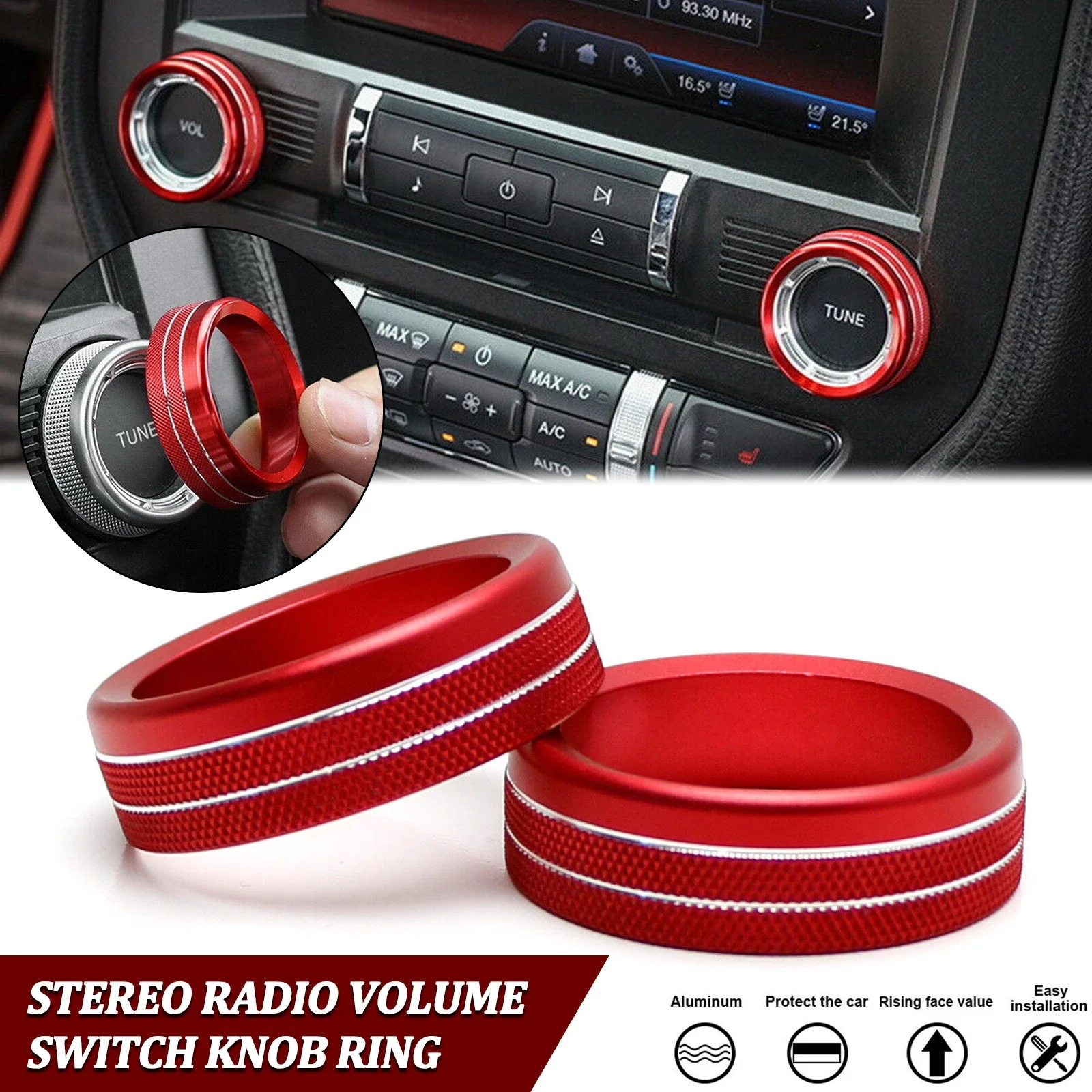 RED Interior Stereo Audio VOL TUNE Control Switch Knob Surrounding Ring Cover JDM Style Decoration For Ford Mustang 2015-2023