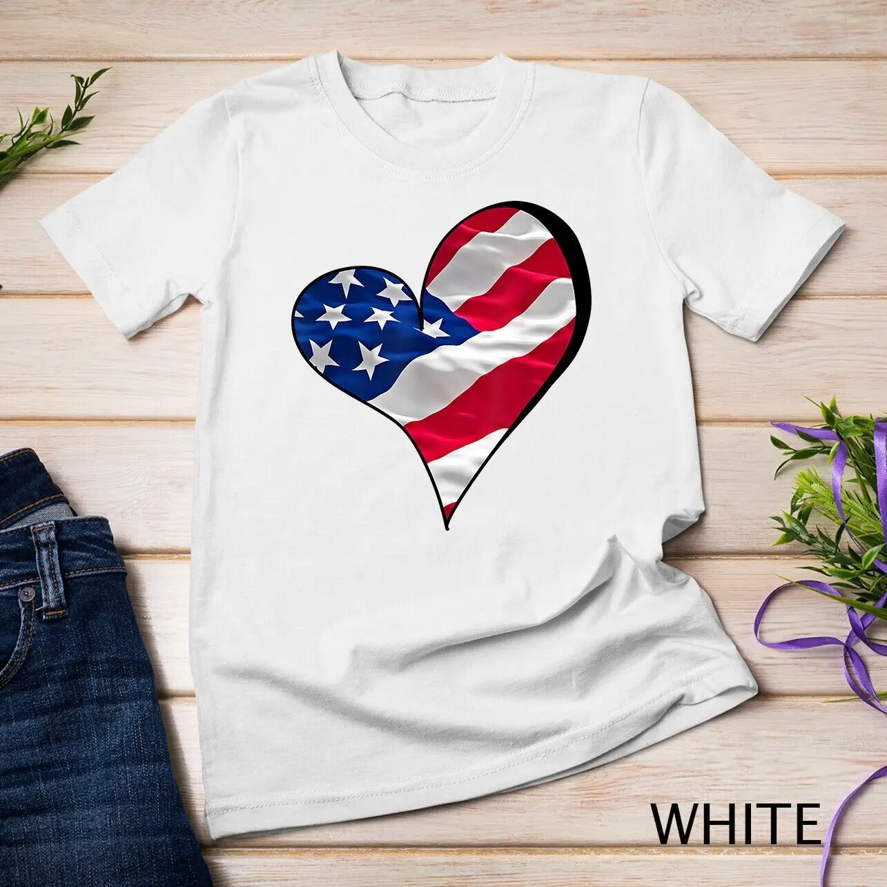 T-shirt Unisex Heart American Patriotic Armed Forces USA Flag Memorial Day