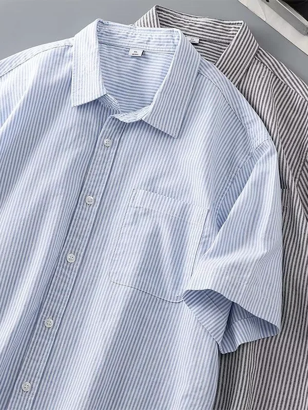 Heavyweight Blue White Stripes Short Sleeve Men's Summer Shirt Cityboy Salt System Ice Silk Cool Feeling Loose Fit Printed Shirt