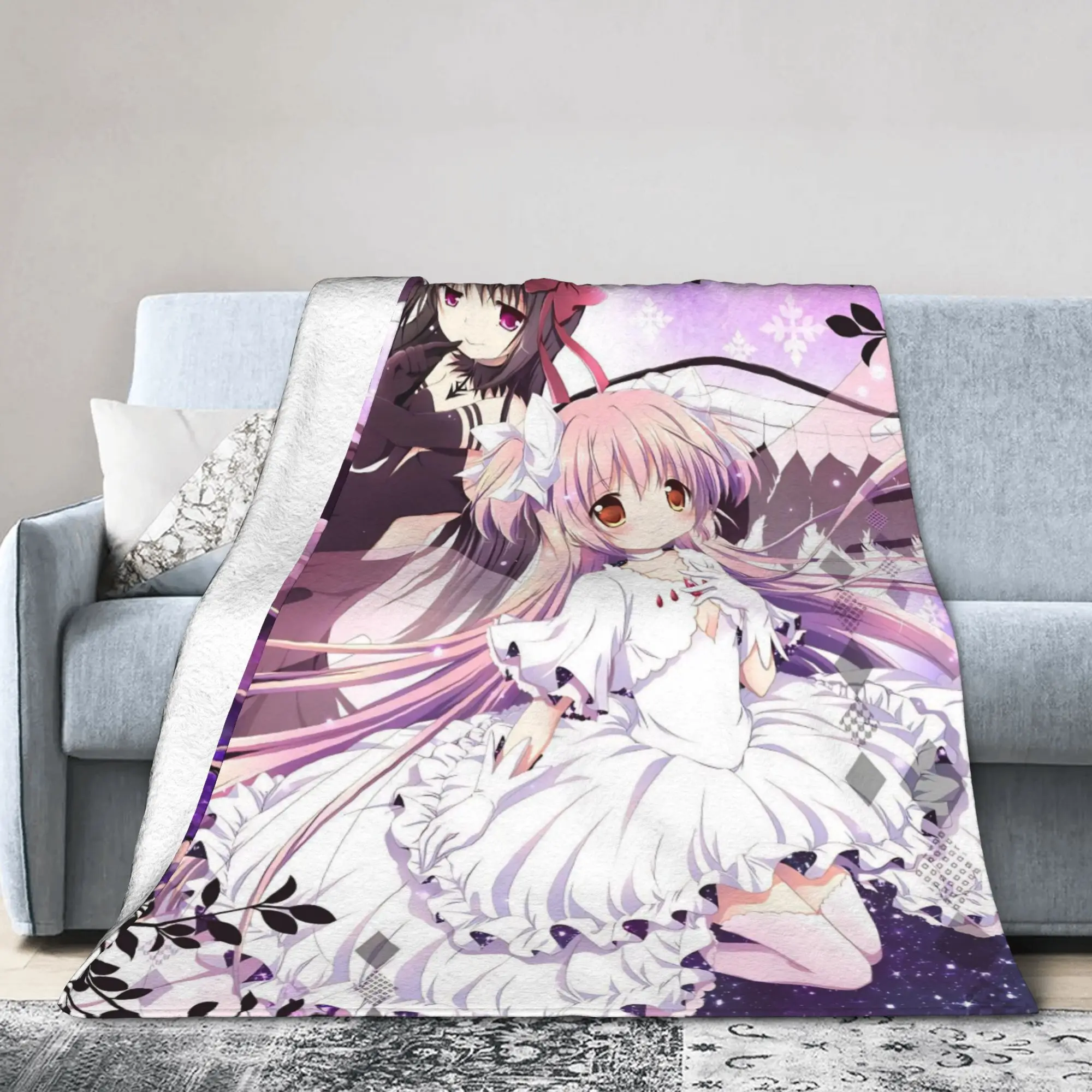 Puella Magi Madokas Magica Blanket Cover Fleece Homura Akemi Kaname Lightweight Throw Blankets for Car Sofa Couch Bedroom Quilt