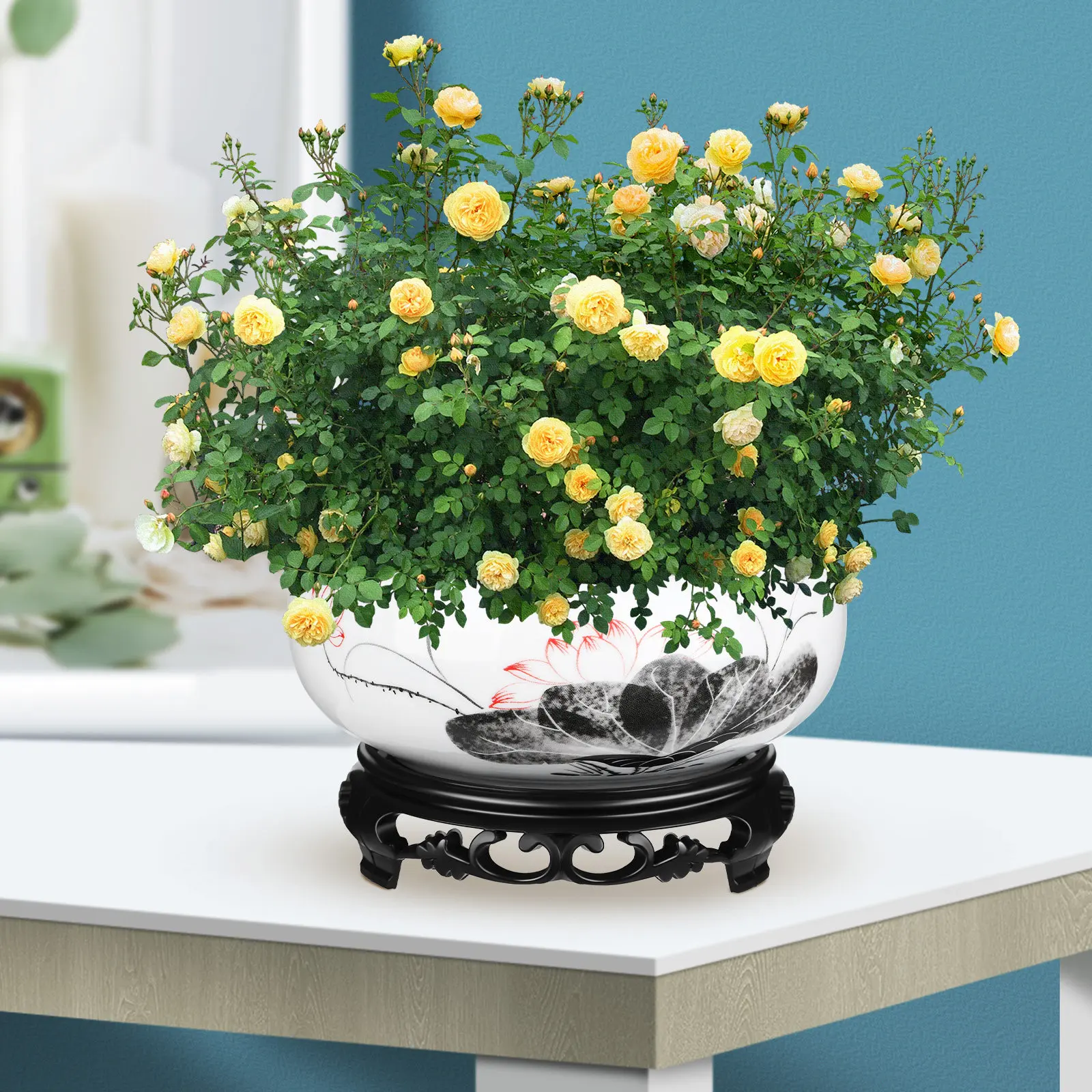 

1Set Blue and White Ceramic Hydroponic Ceramic Planter Pot Round Flower Container with Base for Home Office Garden Decor Use