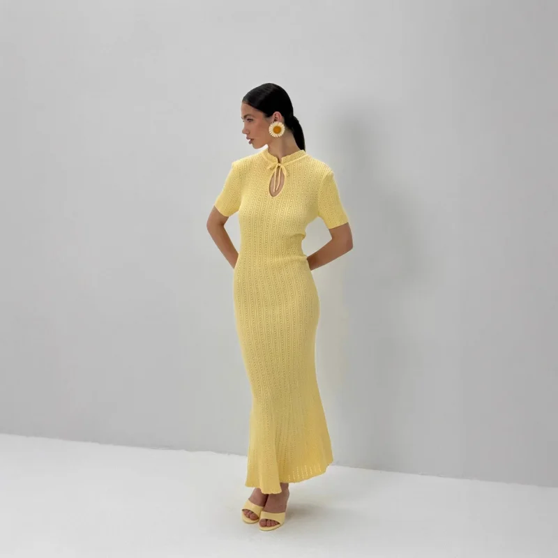 

2025SummerinsWomen's Candy Color Slim Dress Summer Round Neck Short Sleeve Knitted Long Sweater Dress