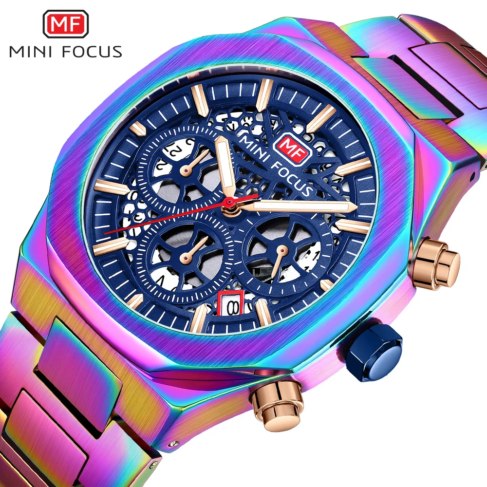 

MINIFOCUS Men Watch Top Luxury Brand Hollow Dial Design Chronograph Quartz Wristwatch Hyun-chae Stainless Steel Luminous Hand