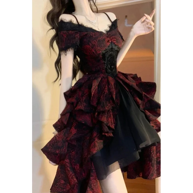 Gothic Lolita Black and Red Jacquard Wave Spring Summer New Heavy Light Luxury Off-shoulder Cosplay Fluffy Princess Dress yi;4