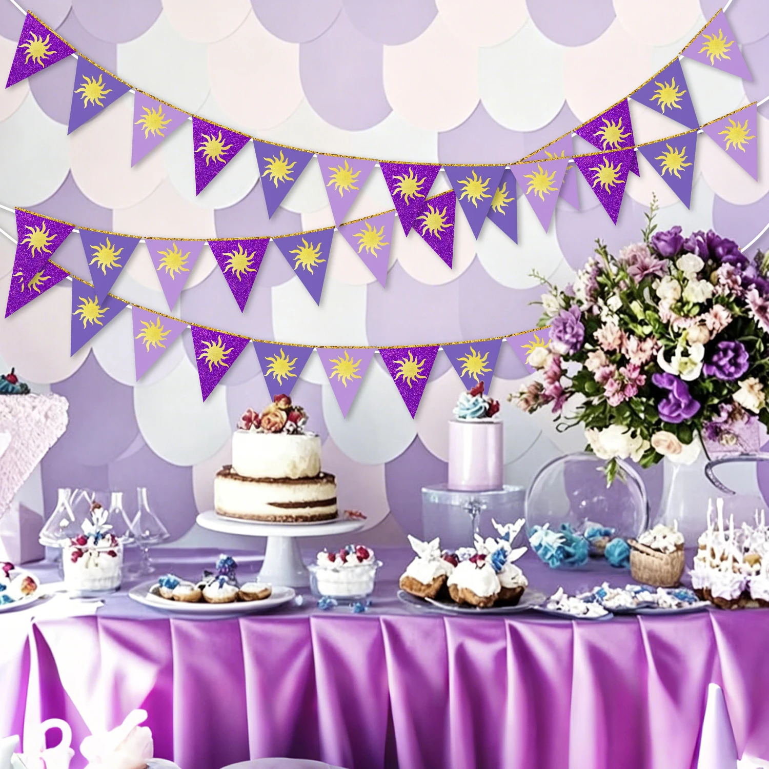 Lila Sonnen-Wimpelkette mit Goldsonnen, Hängende Papier-Dreiecksfahnen für Geburtstag, Brautparty, Hochzeit und Bache-Dekorationen – Detail 1