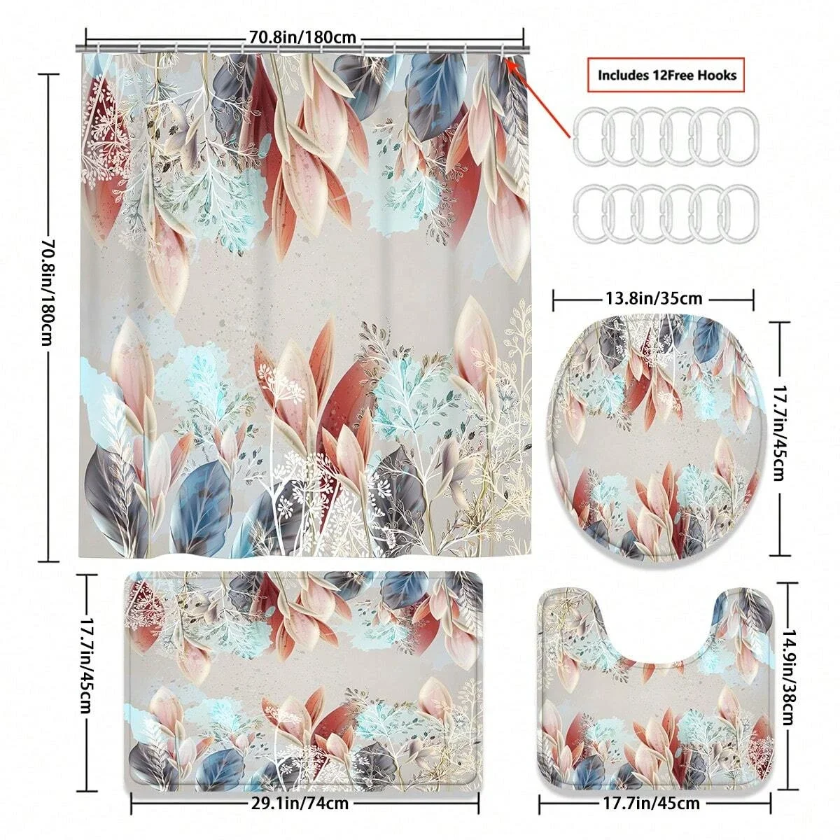 4pcs Modern style printing Shower Curtain Set With 12 Hooks, Anti-Slip Bathroom Mat, U-Shaped Toilet Rug, Bathroom Curtain Set