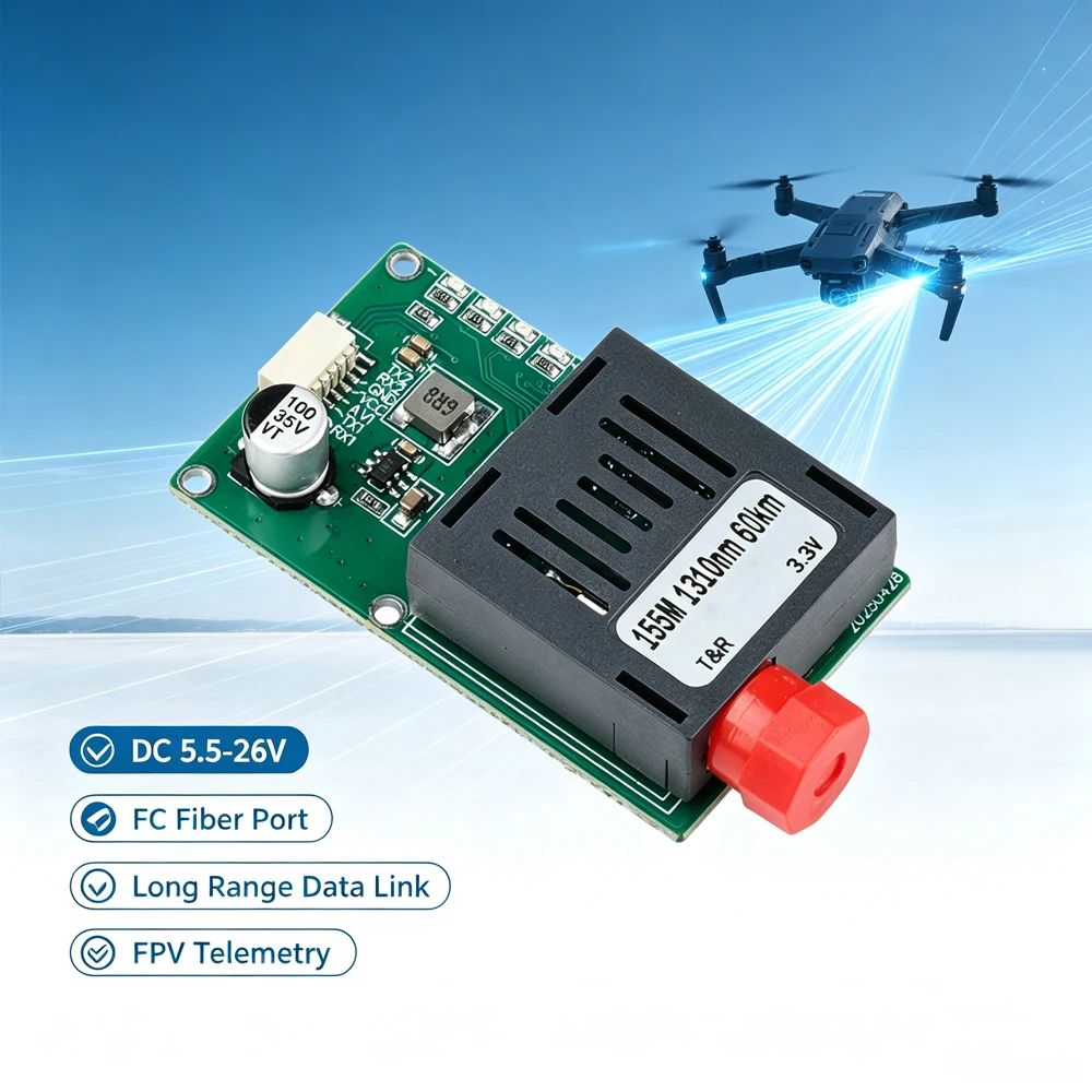 Sky/Earth TTL Optical Transceiver Module DC 5.5-26V FC RX/TX/AV/VCC/GND Interface for Drones TTL to Fiber Optic Module