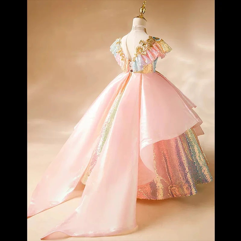 Luxury Beauty Pageant Gowns Pink Flower Girls Ball Gowns Fantasy Sequins Princess First Communion Dress Kids Birthday Party