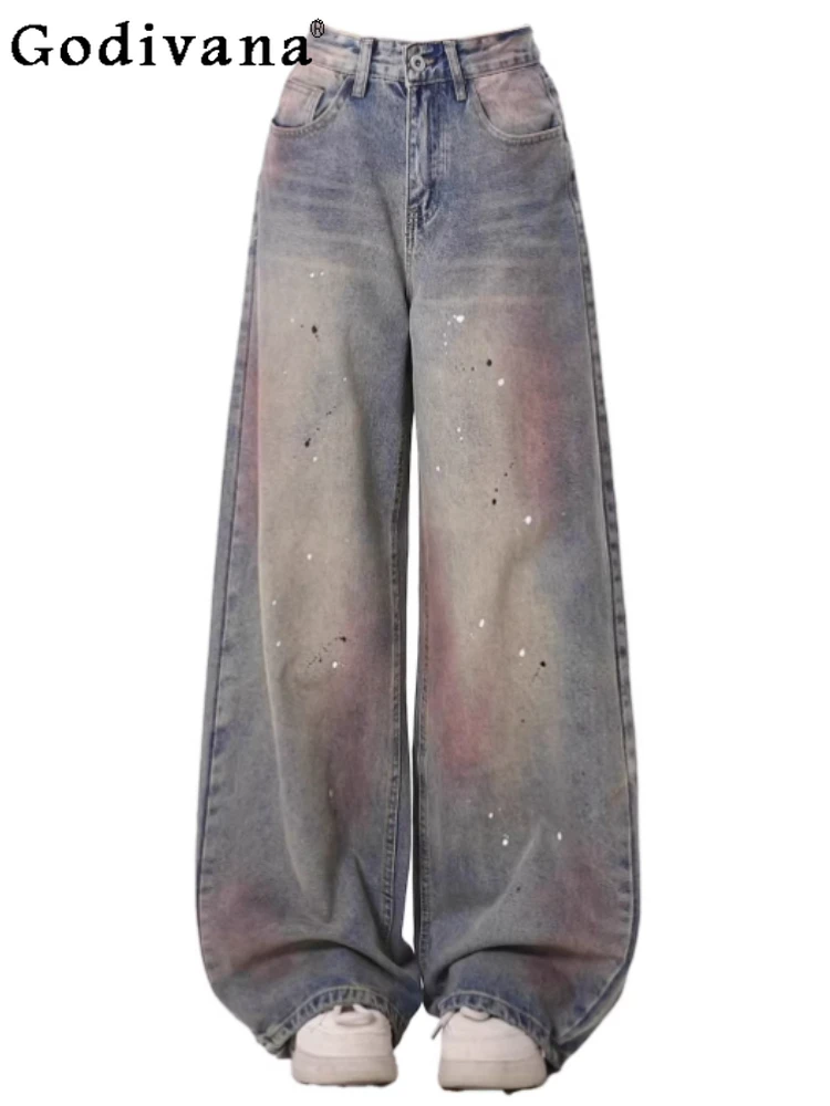 

Wome Large Size American Retro High Waist Chic Loose Straight Jeans Fashion Versatile Street Cool Blue Wide Elegant Leg Pants