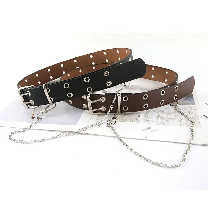 Hot Selling Punk Style Double Exhaust Eye Ladies Belt Korean Version Jeans Fashion Chain Decoration Eyelet Belt Trendy