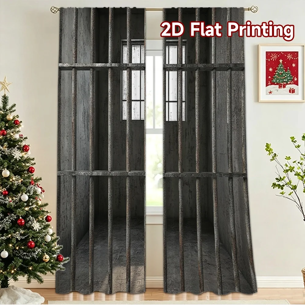 2D flat 2pcs Curtain Country Style Rusty Jail Cell Digitally printed polyester, colorfast Family Party Decoration Perfect for