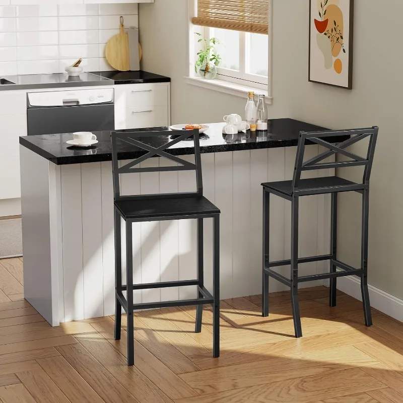 Bar Stools, Set of 2 Bar Chairs with Backrest and Footrest, 26" Tall Counter  Kitchen Breakfast