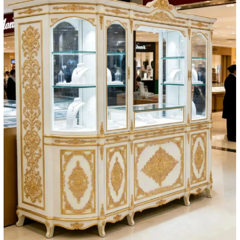 custom.French Baroque Tall Jewelry Display Cabinet | White Gold Carved Wood | LED Glass Showcase Retail & Mall