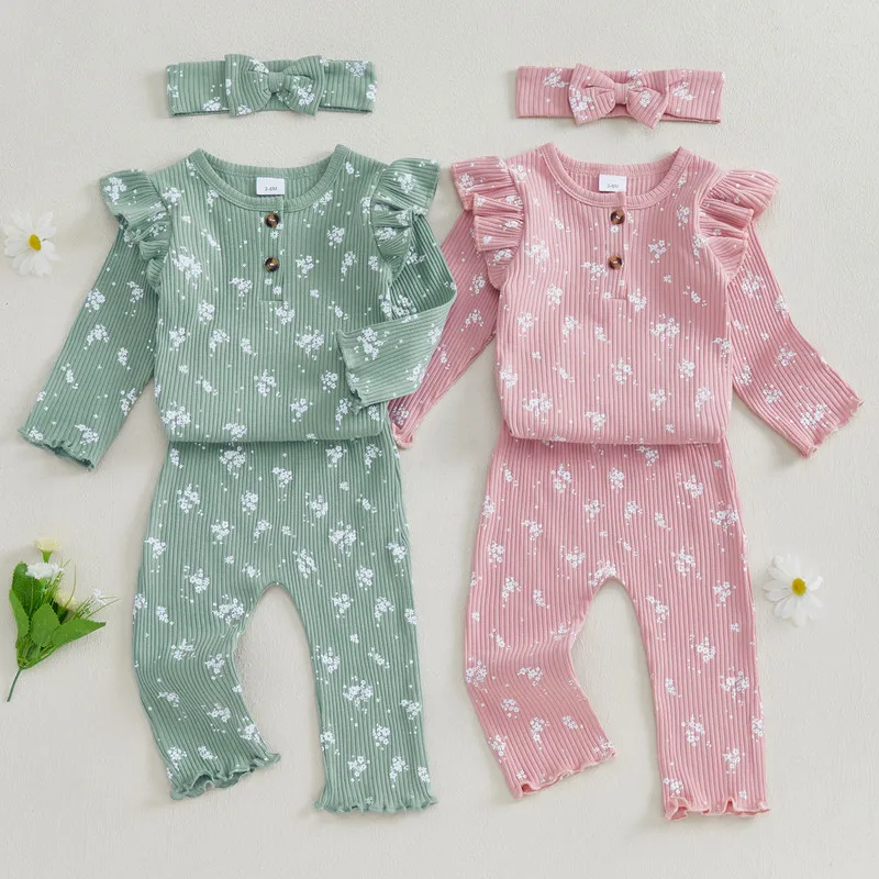 

RUEWEY 0 to 18 Months Baby Girl 3PCS Pants Sets Spring Autumn Clothes Flying Sleeve O Neck Button Floral Bodysuit Pants Headband