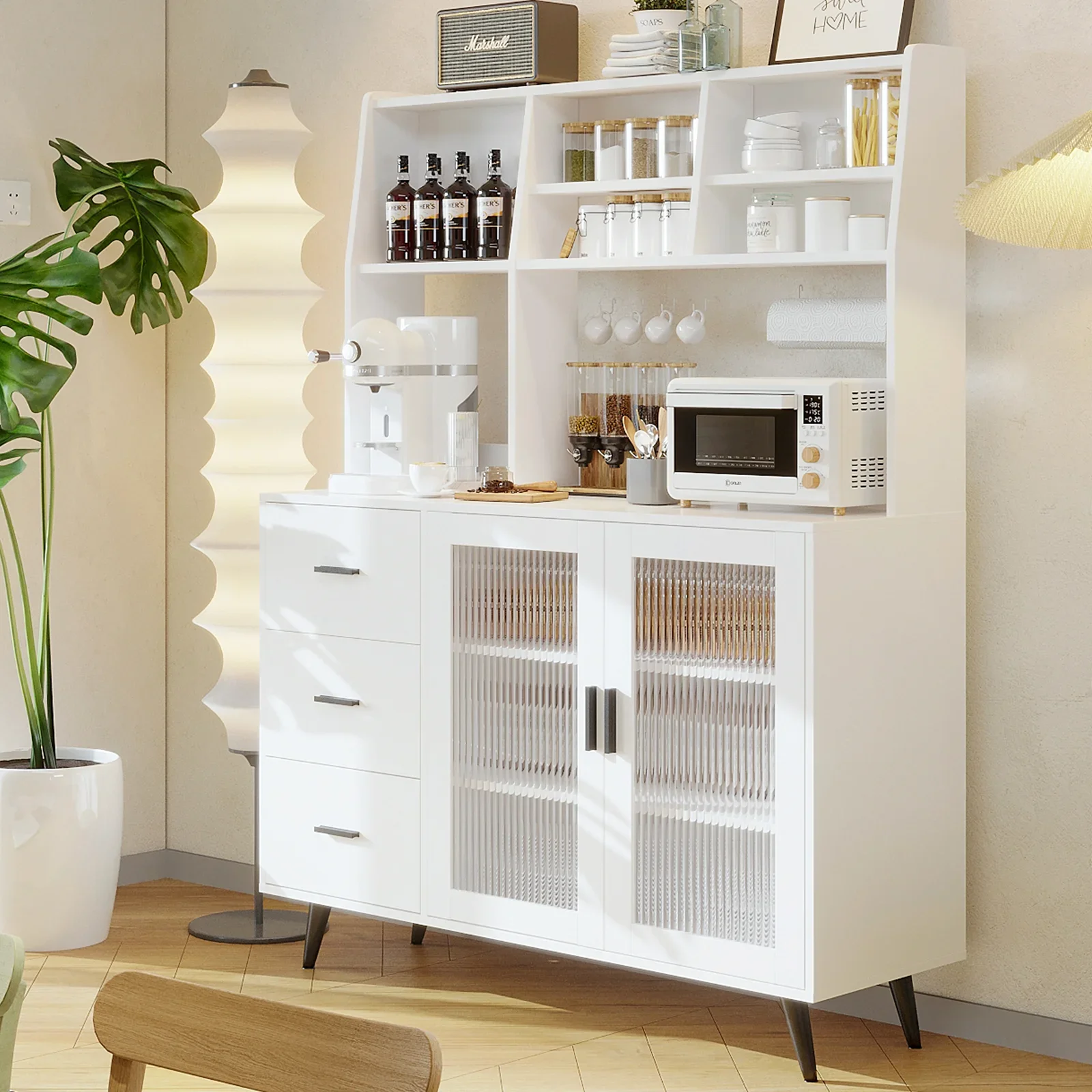 Kitchen Hutch Storage Cabinet, Freestanding Kitchen Pantry with Glass Doors and 3 Drawers, Modern Sideboard Buffet Cabine