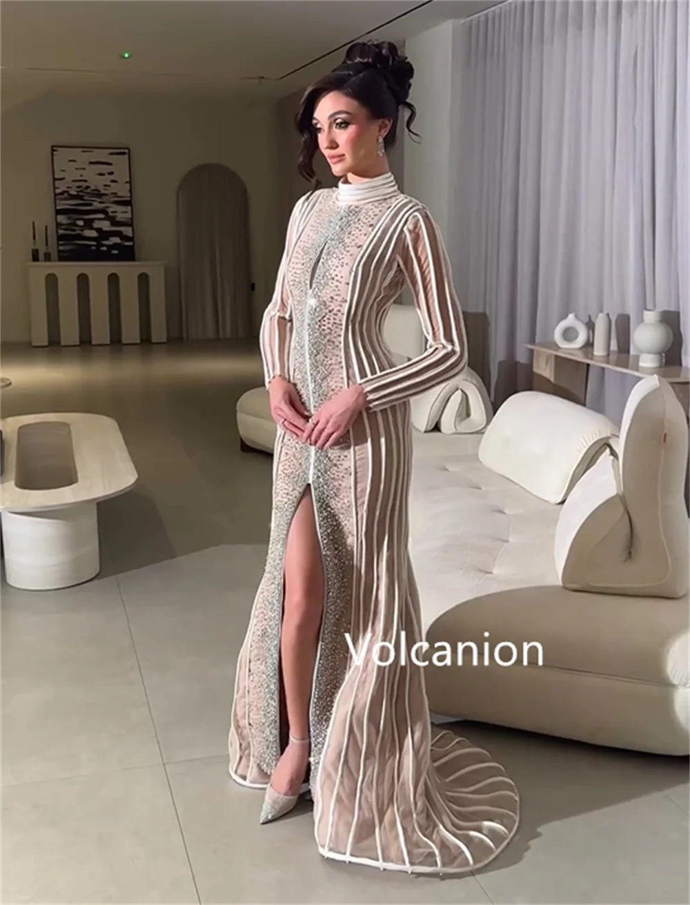 Customized Elegant Pleat Sequined Pattern Trumpet High Collar Long Dresses Bespoke Occasion Party High Quality Formal image 5