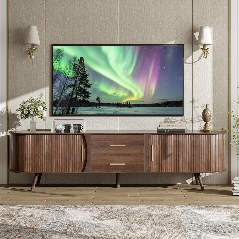 

70" Fluted TV Stand for TVs Up to 80", with Sliding Tambour Doors and Drawers,Mid Century Entertainment Center