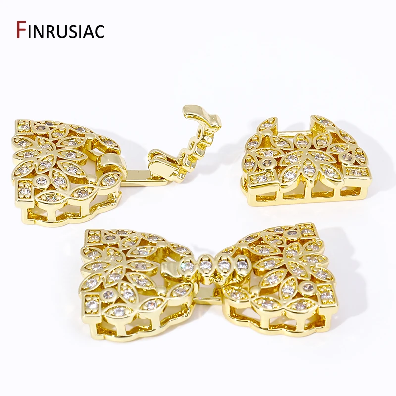 18K Gold Plated Inlaid Zircon Connector Fasteners Closure Clasps,Bowknot Connector Clasps For DIY Jewellery Making Supplies