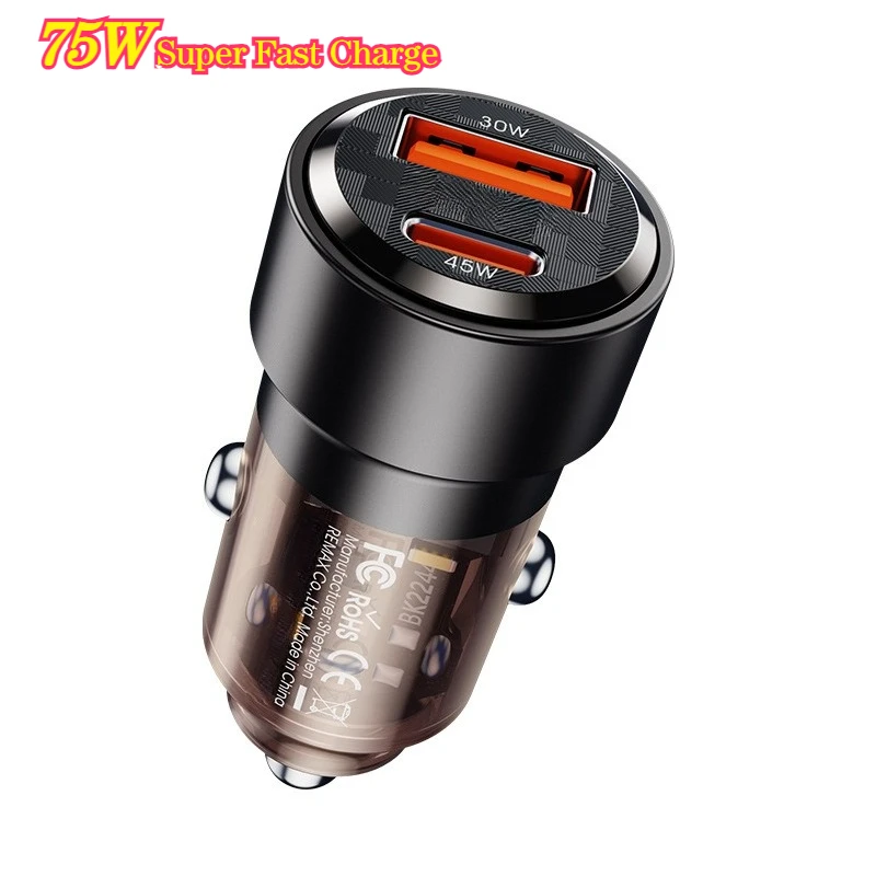 

75W Transparent Car Charger PD45W/QC3.0 Fast Charge Dual A+C Ports Super Fast Charging Car Cigarette Lighter Charger