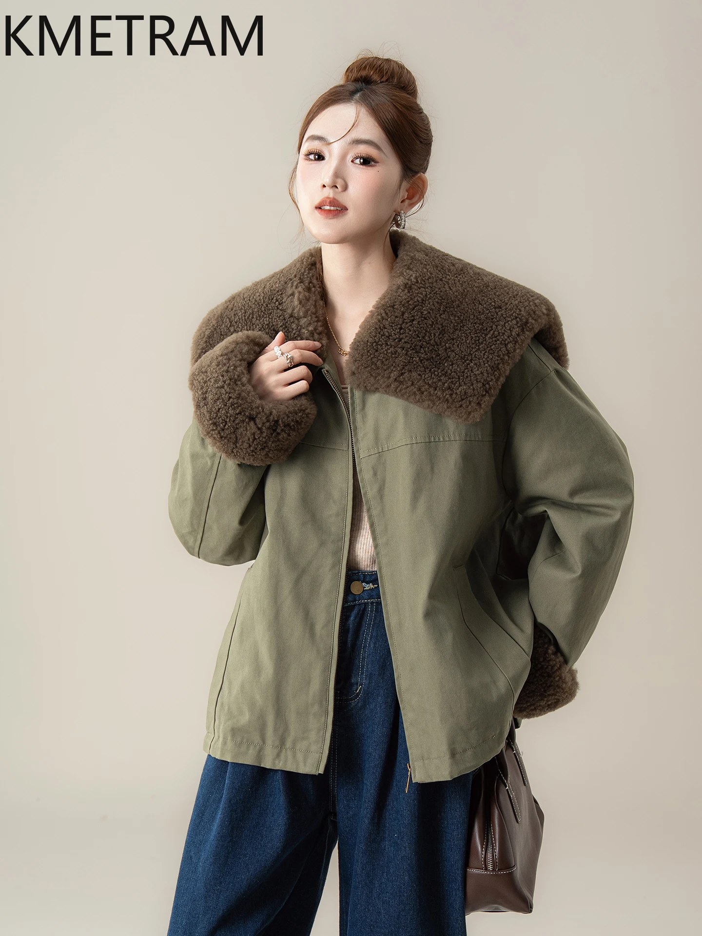 KMETRAM Abrigo de piel corto vintage y cálido con solapa de algodón 100% natural para damas en otoño e invierno 2025 зимняя куртка ж miscecud