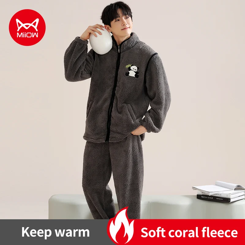 Winter Men\'s Pajamas Set Flannel Long-sleeve Zipper Sleepwear Thick Warm Coral Fleece Loungewear Funny Panda Fleece Men Homewear