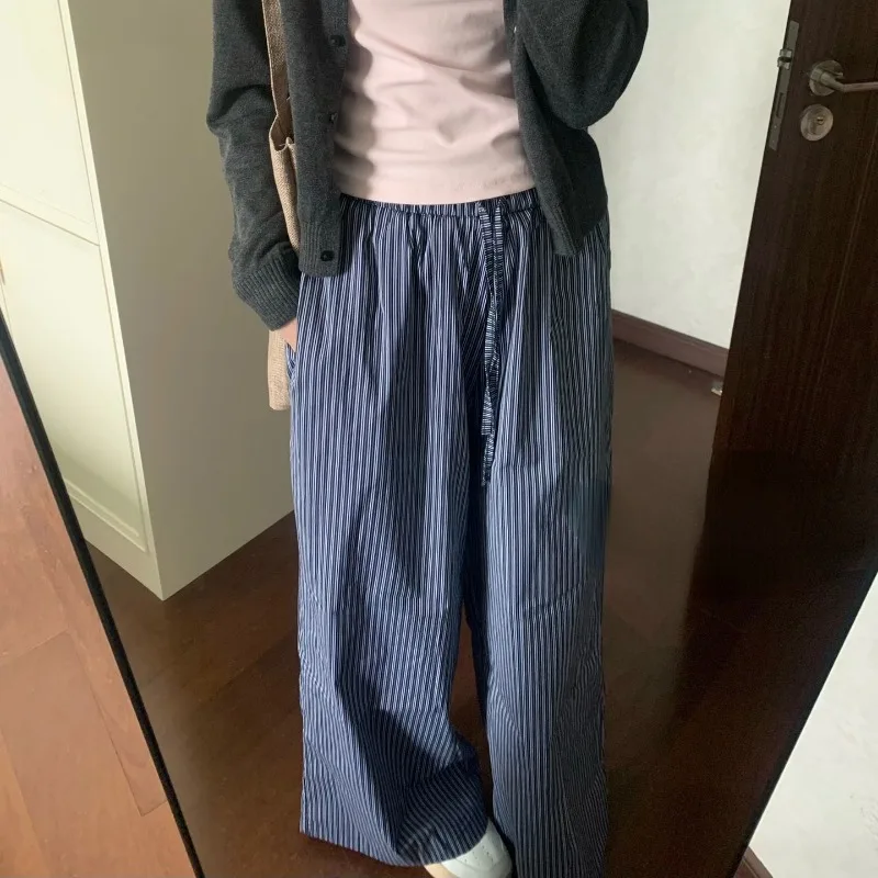 Deeptown Y2k Vintage Basic Striped Women's Casual Pants Elastic Waist Korean Fashion Slacks Loose Summer Trousers Streetwear