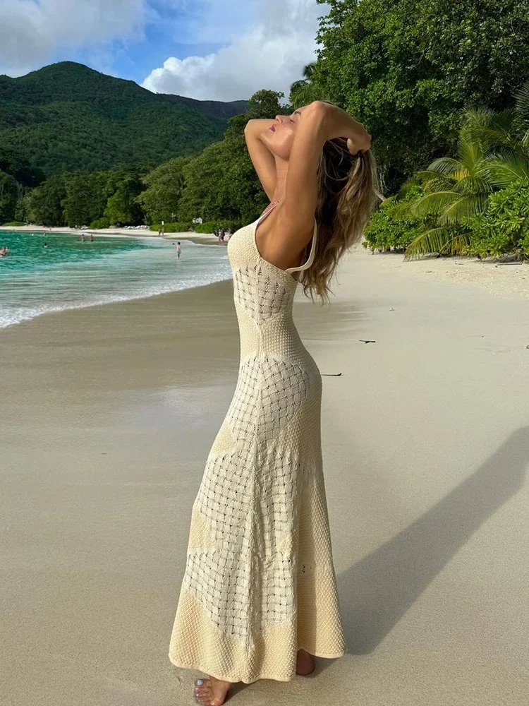 Elegant Knit Hollow Out Sling Long Dress Slim Sleeveless Backless Female Dresses 2024 Summer Lady Patchwork Holiday Beach Robes