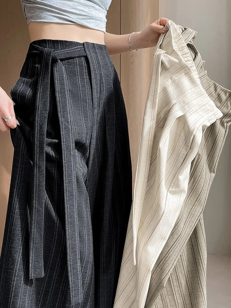 

High Waist Striped Wide Leg Casual Pants Women's Fashion Slimming Belt Design Summer New Style Comfortable Breathable Trousers