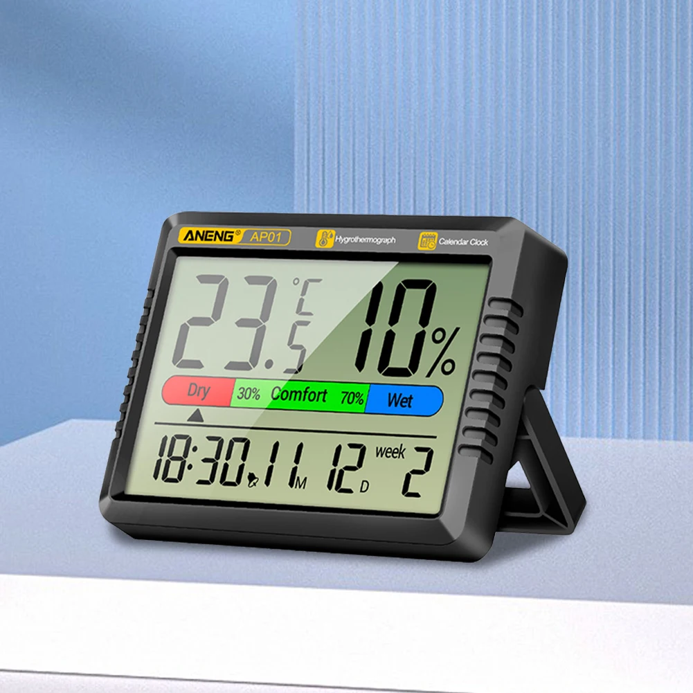 مقياس درجة الحرارة والرطوبة الرقمي إنذار/التقويم يده الدقة ميزان حرارة الهواء الرطوبة شاشة LCD محطة الطقس