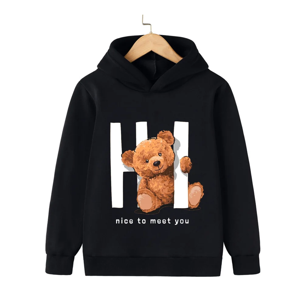 Hi Teddy Bear  Kawaii Girls Boys Print Hoodie Black Girls Baby Hoodie Fashion Harajuku Kids Sweatshirt Jacket Spring Tops