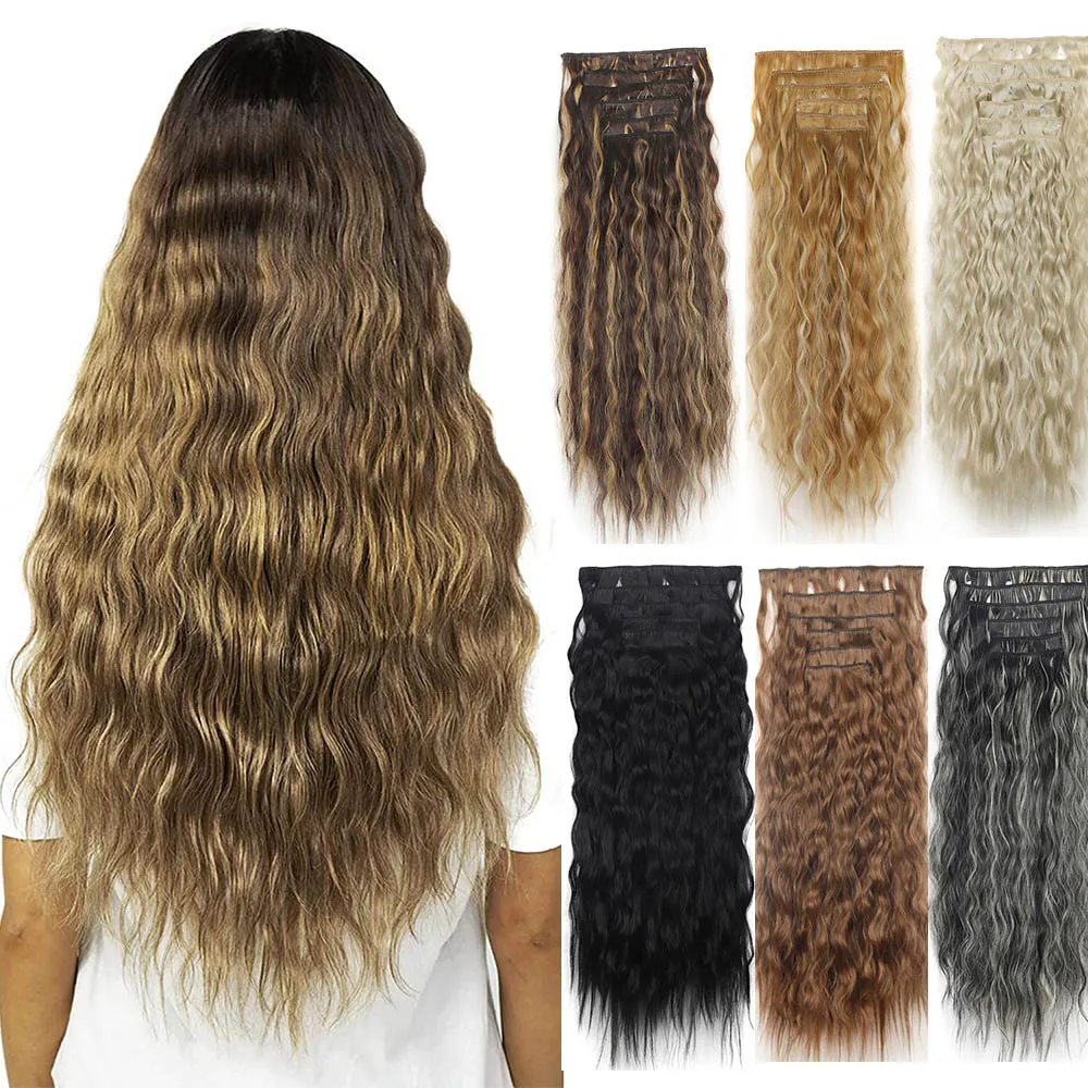 Jeedou 6Pcs/set Hairpieces Clip in Hair Extensions Beach Wavy Long Bouncy Curly Synthetic Hair for Ladies Daily Use