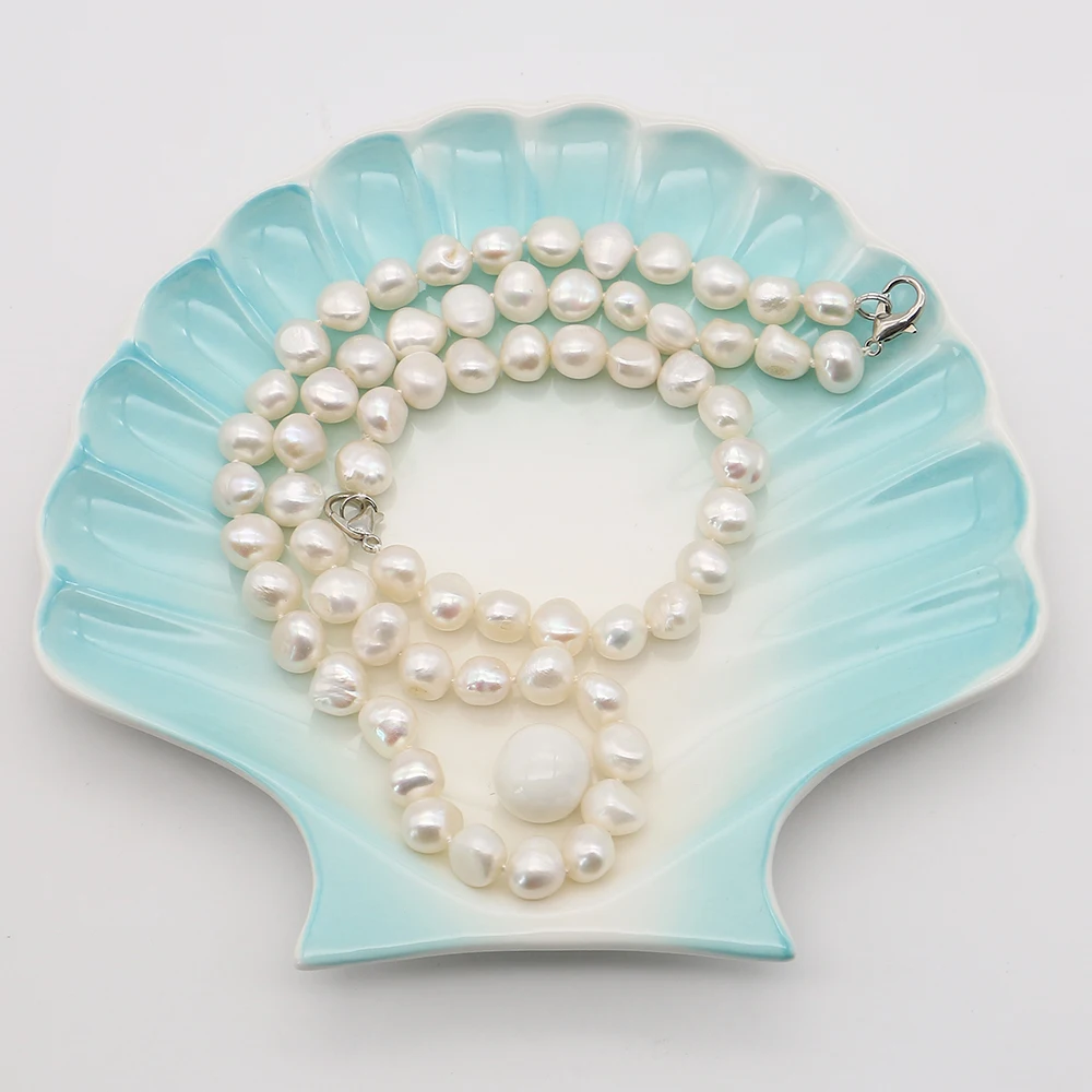 

9-10mm White Irregular Natural Freshwater Pearl With Silver Lobster Clasp Design Necklace And Bracelet Elegant Jewelry Sets 1set