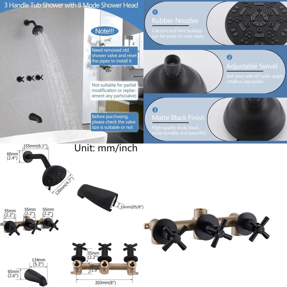 

Matte Black Shower System with Tub Spout, Complete Shower Fixtures Combo Set