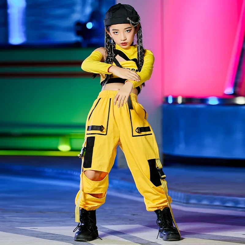 Costumes de danse Hip Hop pour filles, tenues jaunes pour enfants, vêtements de danse de rue jazz, vêtements de salle de Rh, vêtements de rave, olympiques de scène, RZ