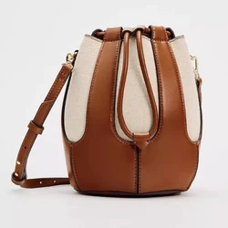 Women's Bag Canvas Splicing Single Shoulder Commuting Crossbody Niche Bucket Bag