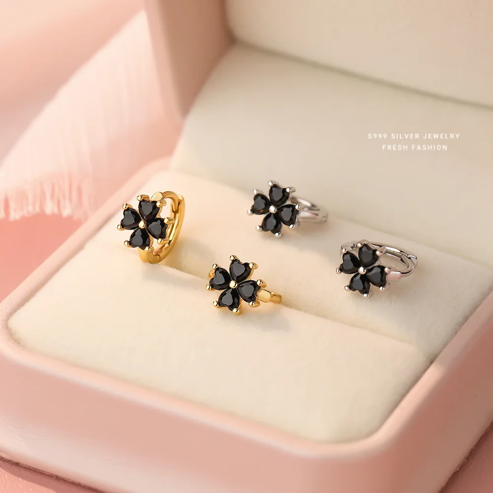 

Fashionable Black Zircon Flower 999 Sterling Silver Earrings for Women Girl Exquisite Wedding Jewelry Accessories Gifts