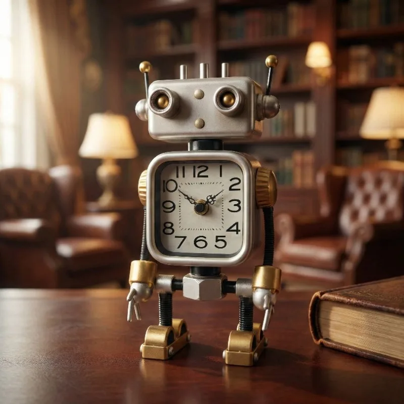 Retro Robot Alarm Clock Quartz Industrial Style Metal Ornament Living Room Decoration Desktop Clock Metal Desk Clocks Gift